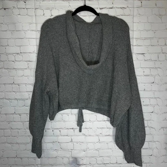 American Eagle Womens XL Grey Ribbed Knit Cropped Hoodie Tie Front Sweater - Picture 2 of 4